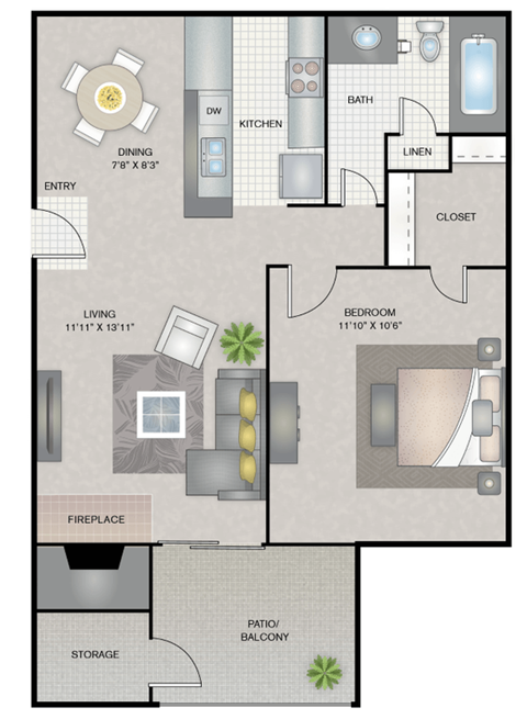 Floor plan for 1 bed, 1 bath, 590 sqft